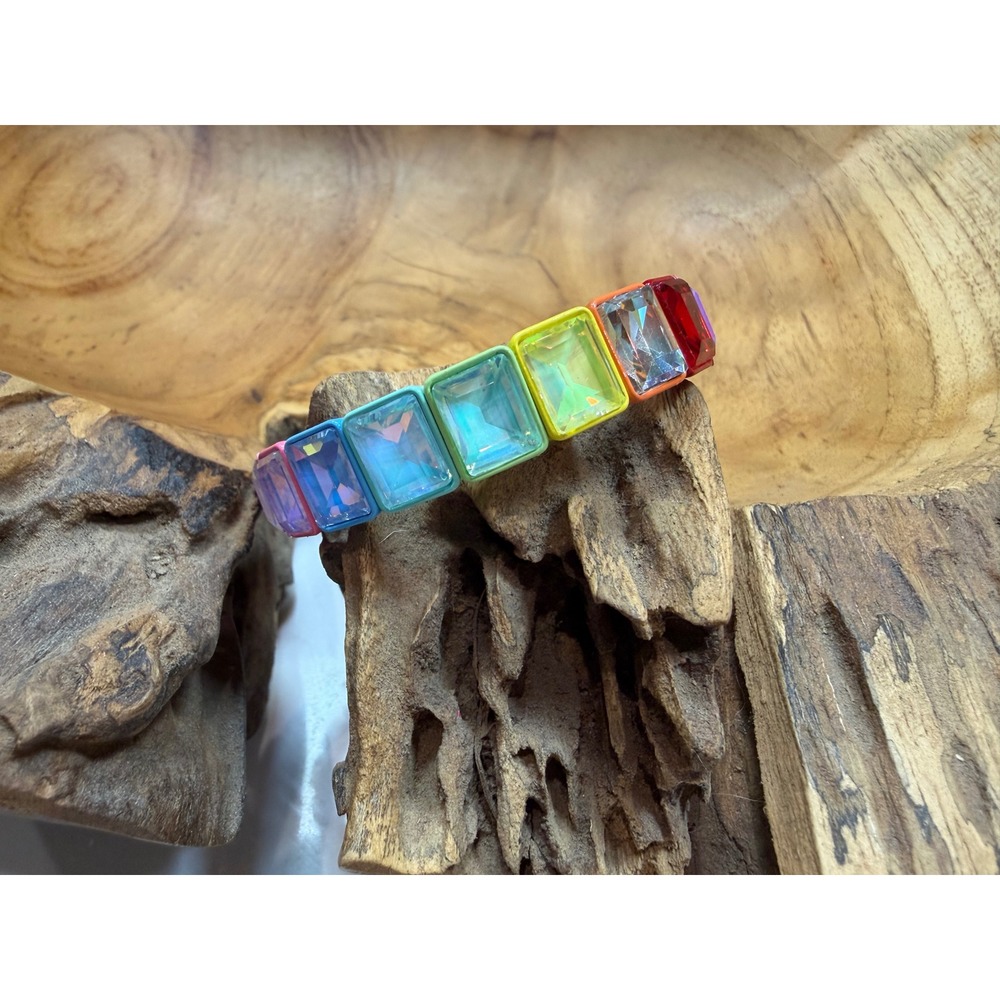 Rainbow Stretch Bracelet Emerald Cut Multicolor Enamel Statement Jewelry NWOT - Picture 2 of 5